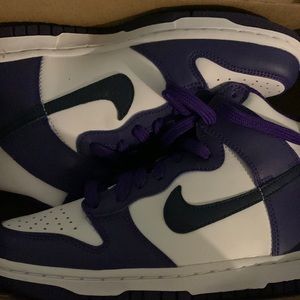 Purple and white high top dunks